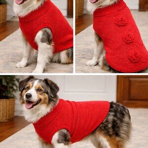 Red Silver Christmas Dog Sweater Medium‎ Festive Floral Holiday Pet Coat